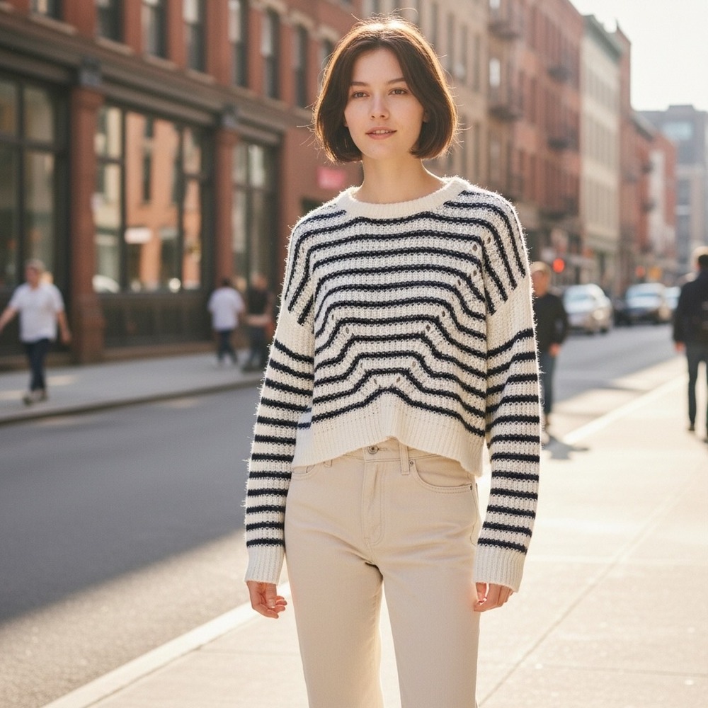 Topshop Sweater Womens Petite Striped Crop Knit White Navy US 4-6 Long Sleeve
